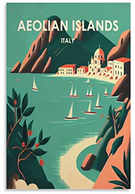 ONOTIO Poster, Motiv: Äolische Inseln, Italien, Vintage-Reiseposter, Berge, 30 x 45 cm, Wandkunst, Leinwand, Kunst, Poster, modernes Familien-Schlafzimmer, Dekoration