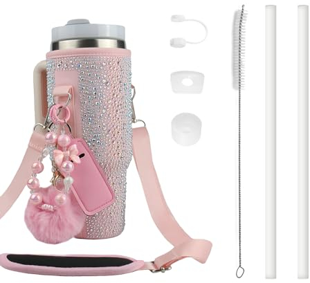 Stanley Tragetasche für Wasserflaschen-Tragetasche mit verstellbarem Riemen, Strohhalm-Abdeckung und Pompon-Schlüsselanhänger, Geschenk für Thanksgiving Day und Weihnachten (Pink Diamond)
