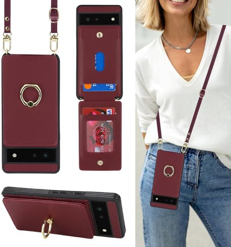Ｈａｖａｙａ Coque Google Pixel 6 avec Cordon RFID Porte Carte Portefeuille Étui Google Pixel 6 avec Cordon Anneau Telephone Portable Réglable Collier Housse Etui pour Femmes - Bourgogne