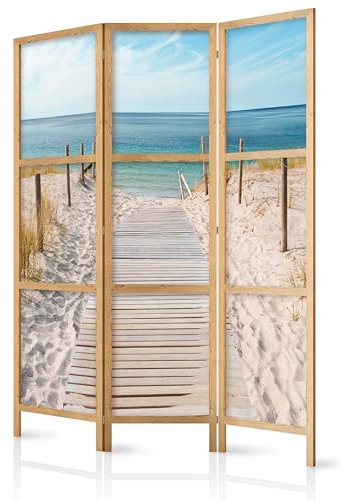 murando - Paravent Intérieur Japonais 135x172 cm - Séparateur de Pièce en Bois Naturel et Toile Imprimée - Cloison de Séparation pour Chambre à Coucher - Mer Azure Et Dunes De Sable c-B-0362-bh-b