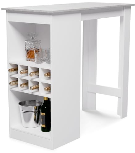 blumfeldt Mesa Alta Bar de Madera Maciza 110 cm, Mesas Altas Robustas y Reforzada Fácil de Montar, Mesa Cocina Isla para Casa, Pequeño Mostrador Mesa Barra Bar Alta 3 Estantes Ajustables