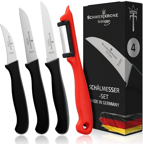 Schwertkrone Solingen Juego de cuchillos peladores con pelador y cuchillo de tomate – Fabricado en Alemania – Cuchillo para verduras, cuchillo de fruta y pelador de patatas