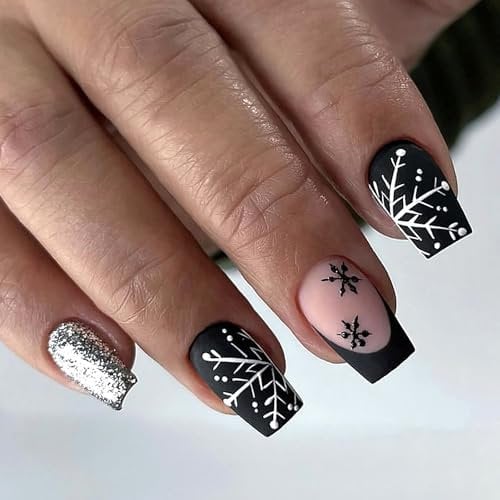 24PCS Christmas Gothic Press On Nails - Black French Tip Coffin False Nails With Glue - Glitter Stick On Medium Full Cover Fake Snowflake Nail Art