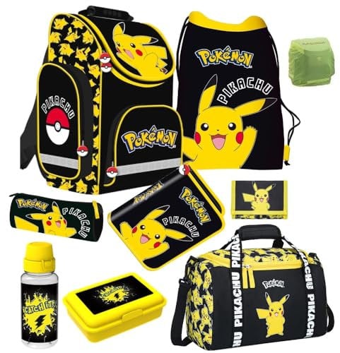 Familando Pokémon Schulranzen 1. Klasse · ergonomischer Tornister für Jungen und Mädchen · Pokemon Schultasche mit Pikachu Motiv im Set (9-teilig mit Lunch-Set und Sporttasche)