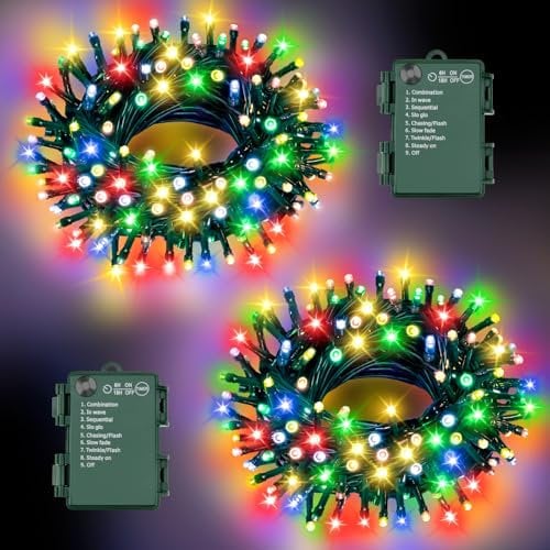 FFZZKJ Christmas Lights Outdoor Total 100 LED 8 Modes with Timer Waterproof 16.4Ft*2, 50LED*2 Fairy Lights Battery Operated for Christmas Decorations, Multi-Coloured