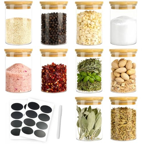 Glass Spice Jars with Wood Lids 10pcs, 250ml Square Transparent Glass Jars | with Black Labels and Markers, Airtight Spice Jars with Lids Sugar Containers, Kitchen Jar Covers for Spice, Coffee