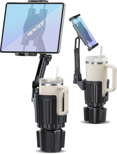 Profortop 2-in-1 Cup Holder Tablet Mount Expander, 2-Section Foldable 15 Height Adjustable Arm & 360° Rotation, Universal Fit for iPad, iPhone, All Smartphones and Most Bottles for Car SUV Truck