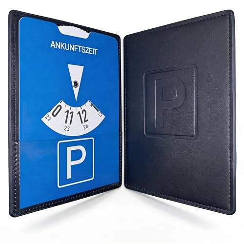 Parkhold Premium Wende-Parkscheibenhülle aus schwarzem PU-Leder – Inkl. StVO Papp-Parkscheibe – Verdeckt blaues Parkscheibendesign für edle Innenraum-Optik – Dezente Parkuhr-Hülle fürs Auto (Schwarz)