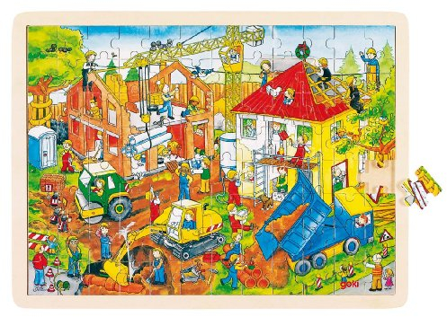 goki 57670 - Einlegepuzzle Baustelle aus Holz, Holzpuzzle Krahn, Bagger, Walze, Kipper etc., Lernspielzeug und Kinderpuzzle, fördert Fantasie und Motorik der Kinder, 40cm x 30cm, 96er Set, ab 3 Jahre