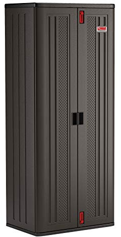 Suncast 19 Cubic Ft. Heavy-Duty Resin Cabinet with Lockable Handles, Multi-Wall Construction, and Metal-Reinforced Shelves for Basement, Utility Room and Garage Storage, Black, Made in the USA