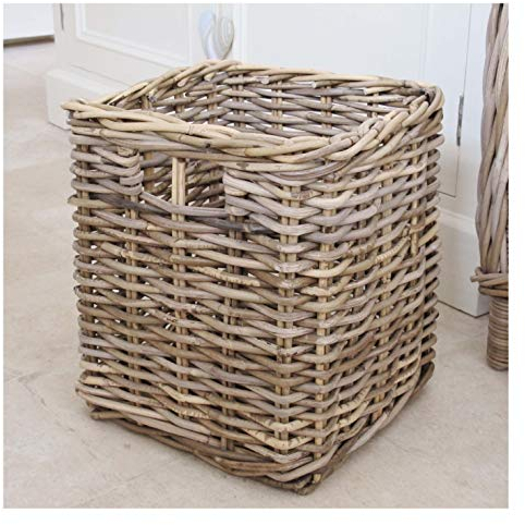 Wicker Storage Basket Bin Square Grey and Buff Rattan