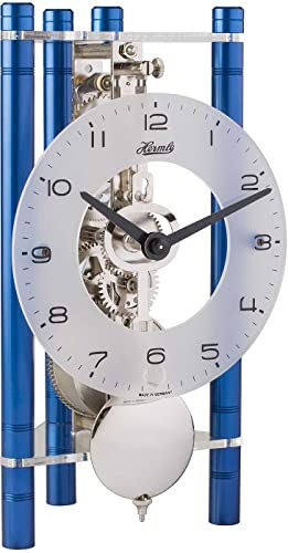 Hermle Skelett-Tischuhr mit eloxierten Aluminiumsäulen - Dreieck 23025-Q70721, arabisches Zifferblatt Glas, Blau, Werk vernickelt, 19,5cm x 11cm x 9cm
