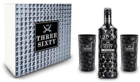 Three Sixty Geschenkset - Three Sixty Black Vodka Wodka 0,7L 700ml (42% Vol) + 2x Black Gläser Longdrinkgläser Glas 300ml aus rein weißem Brillanz-Glas Bar Cocktail - [Enthält Sulfite]