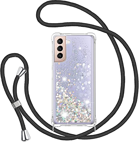 TUUT Handyband für Samsung Galaxy S21 5G Hülle mit Band, Glitzer Treibsand Handyhülle mit Kordel zum Umhängen Transparent Stoßfest Schutzhülle mit Kette Schnur, Quicksand Necklace Case in Schwarz