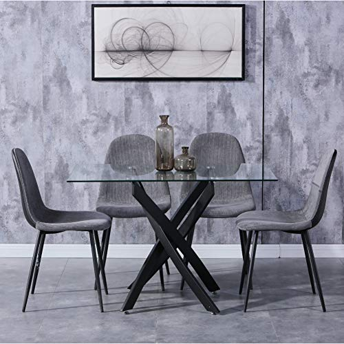 GOLDFAN Glas Esstisch Set 4 Stühle Rechteckiger Esstisch und Samt Rückenlehne Esszimmerstuhl für Küche Wohnzimmer Büro, Grau