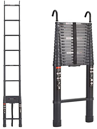 Telescopic Ladder Multi-Purpose Ladder with Roof Hooks, 6.2M Aluminum Extendable Folding Attic Ladder, 330lbs Max Load Capacity, Weight 36lbs Portable DIY Ladder, Easy to Store or Transport