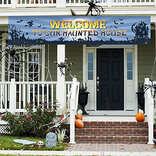 Großes Banner mit Aufschrift Welcome to Our Haunted House, gruseliges Partyschild, lustige blutige Halloween-Party-Dekoration