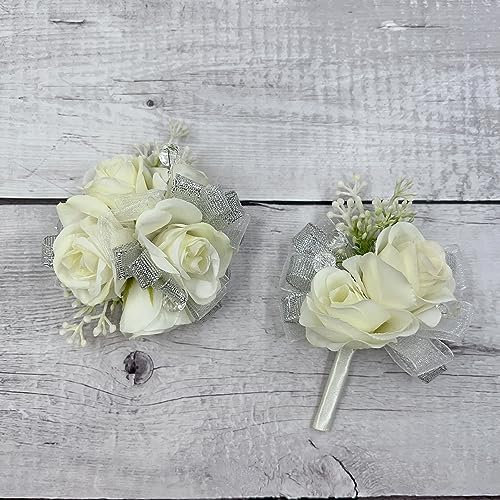 Ansuma Ansteckblume für das Handgelenk, Ansteckblume mit weißen Rosen, Ansteckblume für Brautjungfer, Handgelenk, Armband und Bräutigam und Trauzeugen für Hochzeit, Blumenzubehör, Abschlussball,
