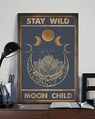 Eeypy Stay Wild Moon Kind Poster Hippie Poster Lotus und Mond Poster Mond Licht Poster Vollmond Vintage Wandkunst Home Decor Metall Blechschilder Plaque Kunst Wanddekoration Geschenk 20,3 x 30,5 cm