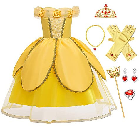 FMYFWY Costume da Principessa Belle Ragazze Bellezza e la Bestia Carnevale Costumi Vestito da Festa Fantasia Vestono Natale Halloween Compleanno Cerimonia Abiti con Accessori 2 anni