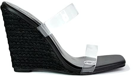 ESSEX GLAM Womens Espadrilles Wedges Heel Sandals Ladies Transparent Strap Heels Mules Size 3-8 Black