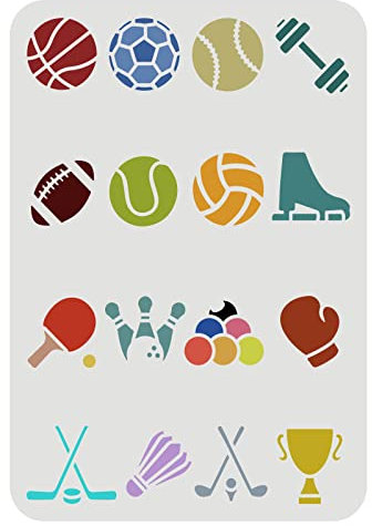 FINGERINSPIRE Sports Theme Stencil Template, 29.7x21cm Various Balls, Dumbbells, Ice Skating, Boxing, Trophies Drawing Reusable Painting Stencils for DIY Art and Craft Sports Meet Game Poster Decor