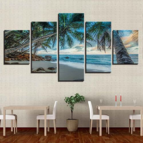 LZRNWP Multi Panneau 5 Parties Tableaux Murale Affiches Photos Plage Palmier Sea Paysage Décoration Salon Chambre Huile sur Toile Images Art Mural Stickers Peintures Poster 200x100cm
