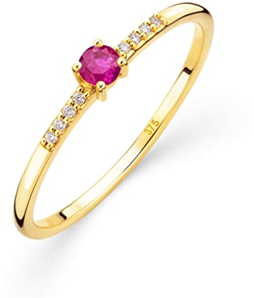 OROVI Damen Goldschmuck, Gold Ring, Solitaire Rubin und 8 Diamanten 0.03 ct., Verlobungsring, Edelsteine, Geburtsstein, 9 Karat (375) Gelbgold