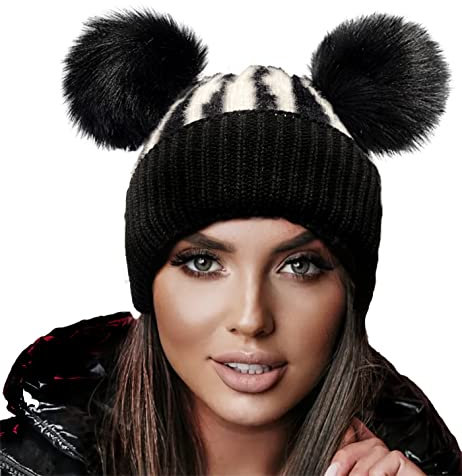 4sold Wintermütze Miki für Damen, Mädchen, aus Wolle, Strickmütze mit zwei Pom-Poms, für Ski, Snowboard, schwarz / weiß, Einheitsgröße