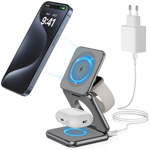 KU XIU X40 Caricatore Wireless 3 in 1 Pieghevole in Alluminio per iPhone 15 14 13 12 Pro/Max/Plus, Caricabatterie Magnetica Compatibile con iWatch Ultra/8/SE/7/6/5/4/3/2 Air-Pods Pro/2/3 (Grigio)