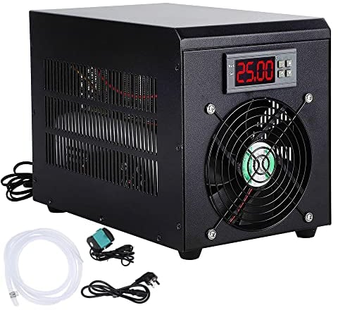 GOJLEX Aquarium Kühler 60L Wasser Kühler mit Aquarium Ventilator, Aquarium Kühler Wärmer kleines Wasser Kühler für Aquarium Kühlsystem Leise für Heim Aquarium mit Pumpe und Rohr