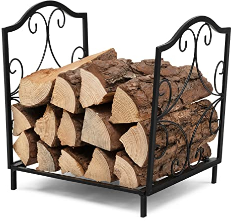 GYMAX Metall Kaminholzregal 44 x 32 x 39,5 cm Kaminholzhalter Brennholzregal Kaminholzständer für Innen Außen Schwarz (Modell 4)