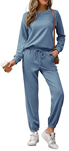 REORIA Damen Tracksuit Langarm Rundhalsausschnitt Einfarbig Zweiteiler Outfit Hoodie Jogger Trainingsanzug Set Sweatshirt & Jogginghose Grau Blau L