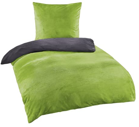 BaSaTex Winter Plüsch Bettwäsche Set Nicky-Teddy Cashmere-Touch Coral Fleece | 135x200 155x220 200x200 200x220 + 80x80 Kissenbezug | Größe: 135x200 | Farbe: Anthrazit Grün