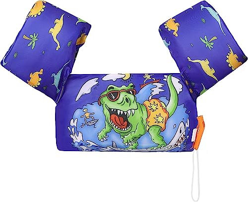 MoKo Giubbotto da Bambini, Giubbotto Galleggiante da Bambini in Nylon con Cinturini Regolabili Peso Massimo da 9/22kg, Accessori Piscina Braccioli Bambini per Nuoto Piscina, Blu - Dinosauro Surfista