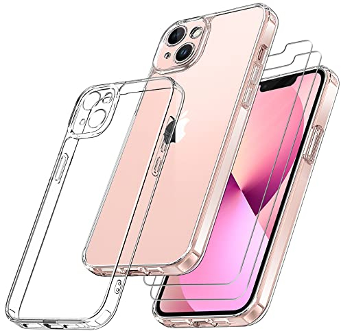 Qasyfanc Handyhülle Kompatibel mit iPhone 13 Mini, Hülle mit Kameraschutz und 2 Stück Schutzfolie, Hard PC Nie Vergilbung Case Transparent Militärschutz Kratzfest Fallschutz Schutzhülle, Klar