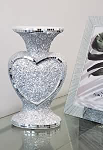 Biznest 30Cm Heart Shape Crushed Diamond Glitter Silver Sparkle Flower Vase Luxury Home Decoration Flower Pot For Gift