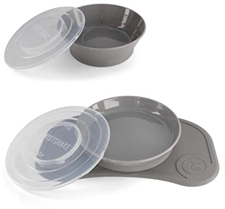 Twistshake Set Vaisselle Bébé Mini + Bol | Assiette Ventouse Bébé + Napperon Bébé (31x17cm) + Bol | Sans BPA | Assiette de Formation Alimentaire | Gris