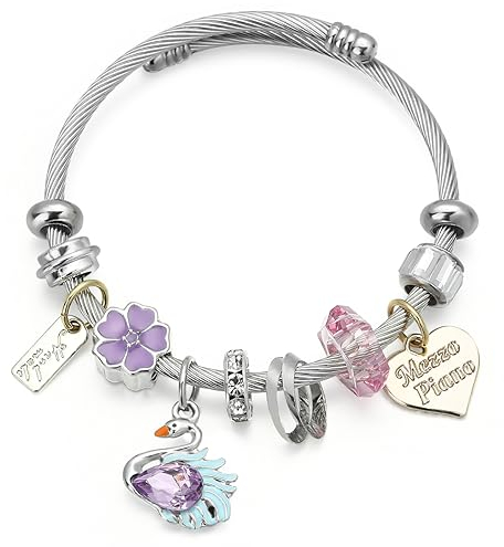 Vinabilia Charm Armband für Mädchen, Freundschaftsarmband mit Schwäne Herz Blume Cartoon Anhänger, Edelstahlarmband für Teen Mädchen Damen, Lila + Silber