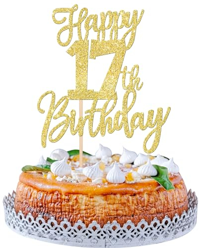 SYKYCTCY 1 Pack Happy 17th Birthday Cake Topper Gold Glitter Cheers to 17 Years Birthday Cake Pick 17 Fabulous Cake Decoration for Happy Birthday Theme Anniversary Party Supplies