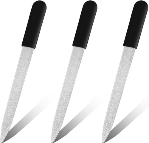 Metal Nail File,3 Pcs Sword Nail Files Double Sided Sapphire Grit Nail File Stainless Steel Fingernail Files with Non Slip Handle Heavy Duty Nail Filer Nail Tools for Natural Nails Fingernails Toenail