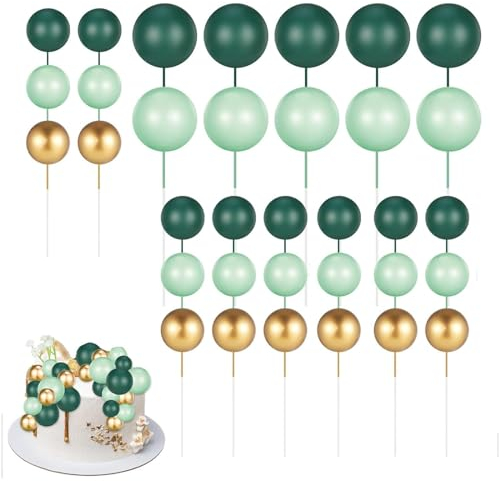 32 Stück Tortendeko Kugeln, Backen Kuchen Dekorationen DIY Mini Ballon Cupcake Einsatz, Cake Topper, Mini-Ballons Tortenaufleger Schaumkugeln Cupcake Topper für Hochzeit Party (Grün Weiß Gold)