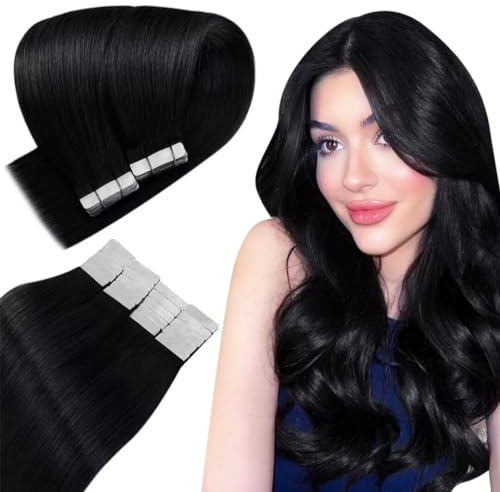 Easyouth Tape in Extension Echthaar Adhesive on Remy Human Haar Farbe Pechschwarz Haar Extensions Tape Echthaar #1 24 Zoll 20 Stücke 50g