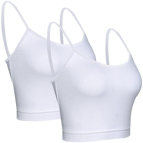 BQTQ 2 Pieces Camisole Top Spaghetti Strap Cotton Crop Tank Tops for Women Girls, White, S