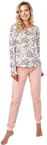 Mademoiselle Sommeil Damen Schlafanzug | 2-Teiliges Pyjama Set mit Rosendruck | Langarm Oberteil in weiß & Lange Hose in Lachsfarben | 100% Hochwertige Baumwolle