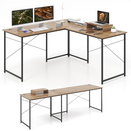 LIFEZEAL L-förmiger Schreibtisch, 240cm Reversibeler Computertisch Eckschreibtisch mit Monitorständer, Gaming Laptop PC Tisch im Industriestil, Workstation für zu Hause und im Büro (Braun)