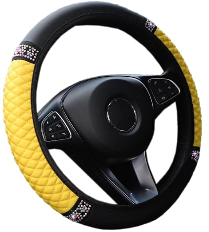 Lenkradbezug Auto,Lenkradbezug Leder,Universal weich bequem Steering Lenkradschoner für Auto Zubehör,Diamant-Lenkradabdeckung Lenkradhülle Sommer Winter Autozubehör Innenraum 37-38cm Gelb