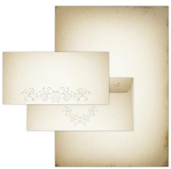 Briefpapier-Set 50 Designpapier DIN A4 + 50 Umschläge DIN-lang haftklebend vintage retro Mittelalter antik nostalgisch grün beidseitig beschriftbar und bedruckbar Frühlingspost Kommunion Konfirmation