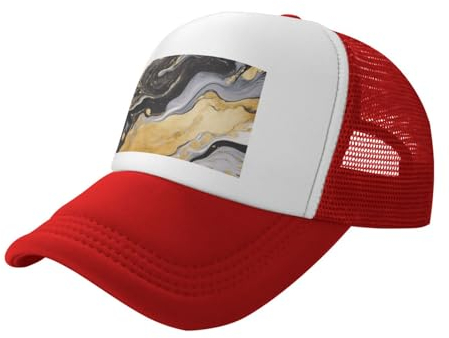 OPSREY Trucker-Mütze, Baseballkappe, schwarz, goldener Marmor, bedruckt, atmungsaktives Netzgewebe, verstellbarer Schnappverschluss, Rot/Ausflug, einfarbig (Getaway Solids), 4-7