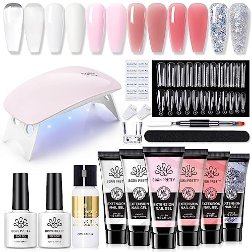Ongle Gel Kit Complet avec Lampe 145PCS, 6 Couleurs Poly Extension Gel Nail Art Set, Rose Blanc Pailleté Vernis Semi Permanent, Base et Top Coat + Faux Ongles pour Nail Manucures Débutant Starter Kit